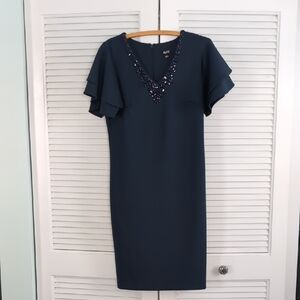 Blue Sheath Midi Dress with Flutter Sleeves and V-Neck